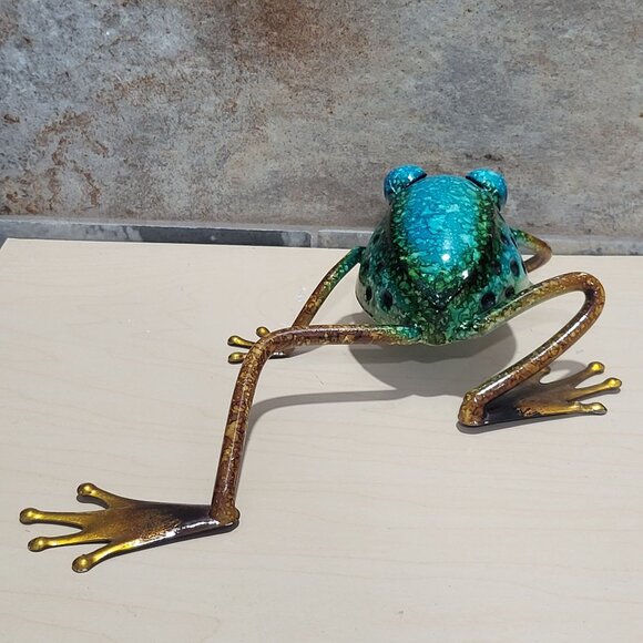 Vintage Metal Frog Figurine Sculpture Metallic Finish Blue Green Bronze - Picture 3 of 12